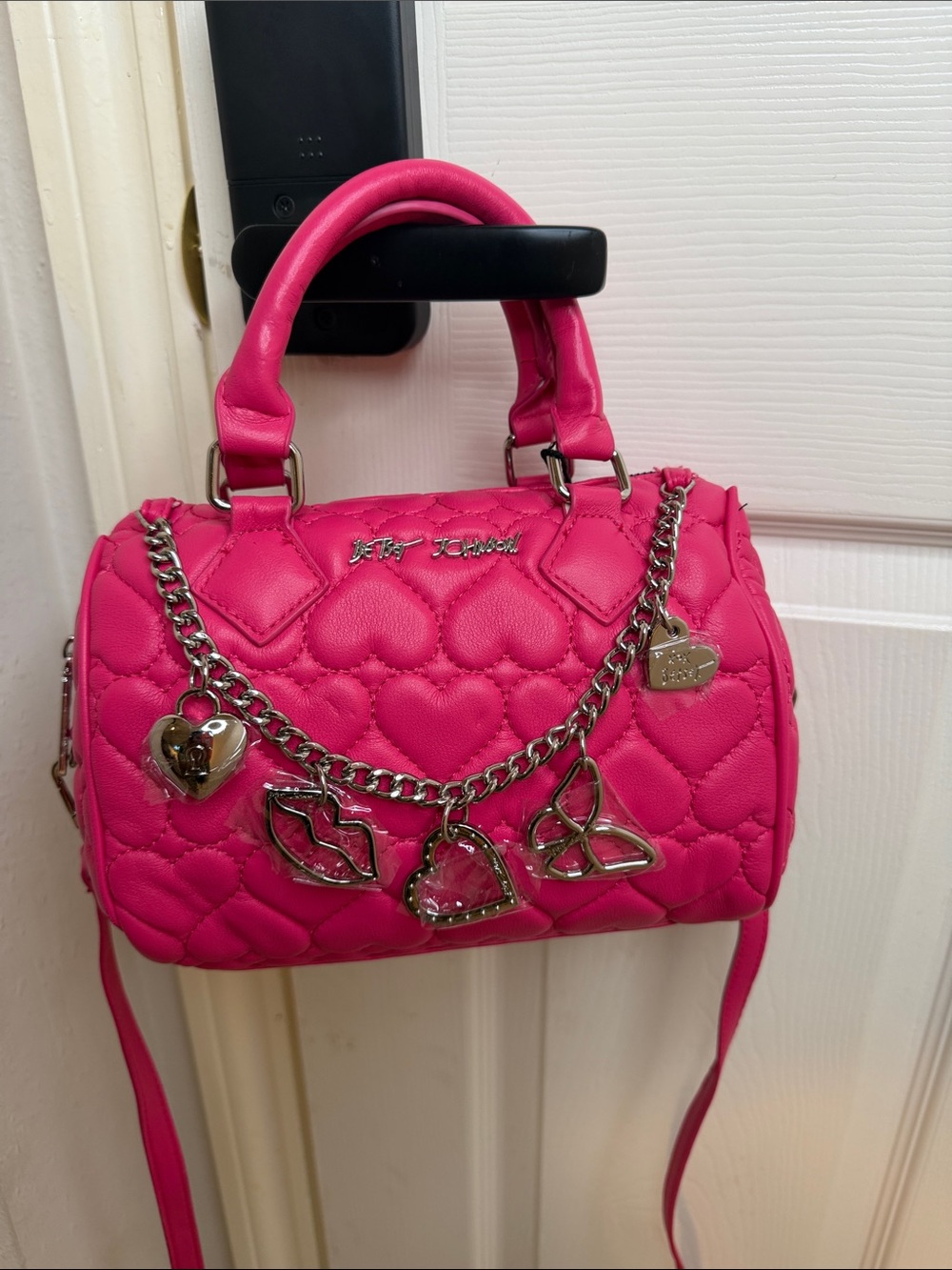 Betsey Johnson Neon Pink Quilted Heart Satchel with Charm Chain